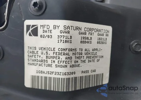 2003 Saturn Ion 2 from USA, damaged, VIN 1G8AJ52F23Z163209